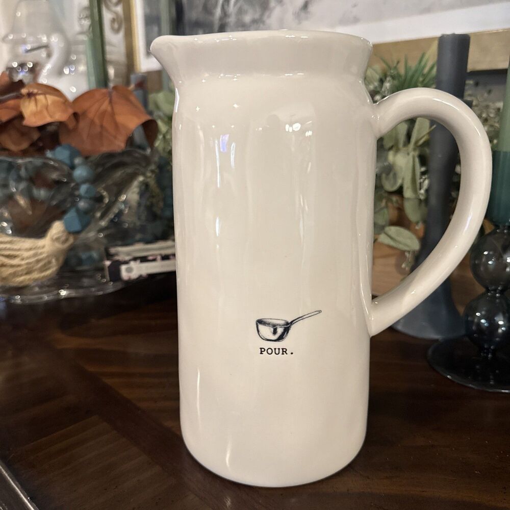 Rae Dunn Artisan Collection White Ceramic Pitcher Glossy Dishwasher Safe Handle